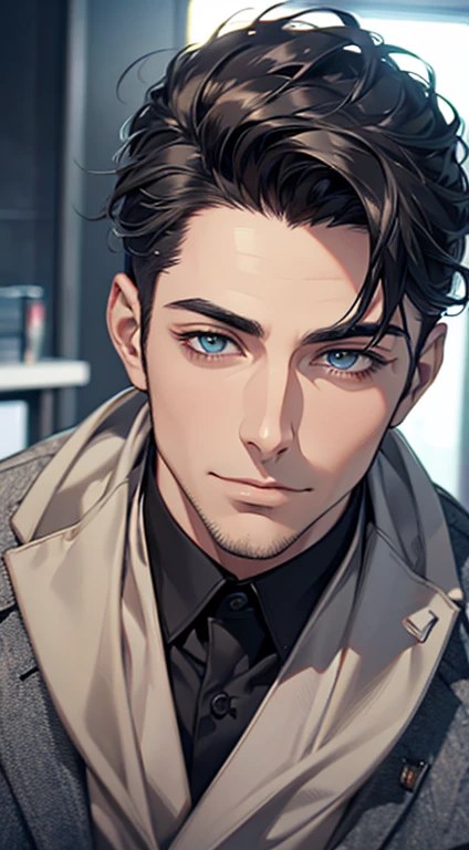 (best quality,4k,8k,highres,masterpiece:1.2),ultra-detailed,(realistic,photorealistic,photo-realistic:1.37),1 man,31 years old,mature man,very handsome,without expression,smile,short grey black hair,blue eyes,penetrating gaze,perfect face without errors,imposing posture,businessman,office background,cinematic lighting,hdr image