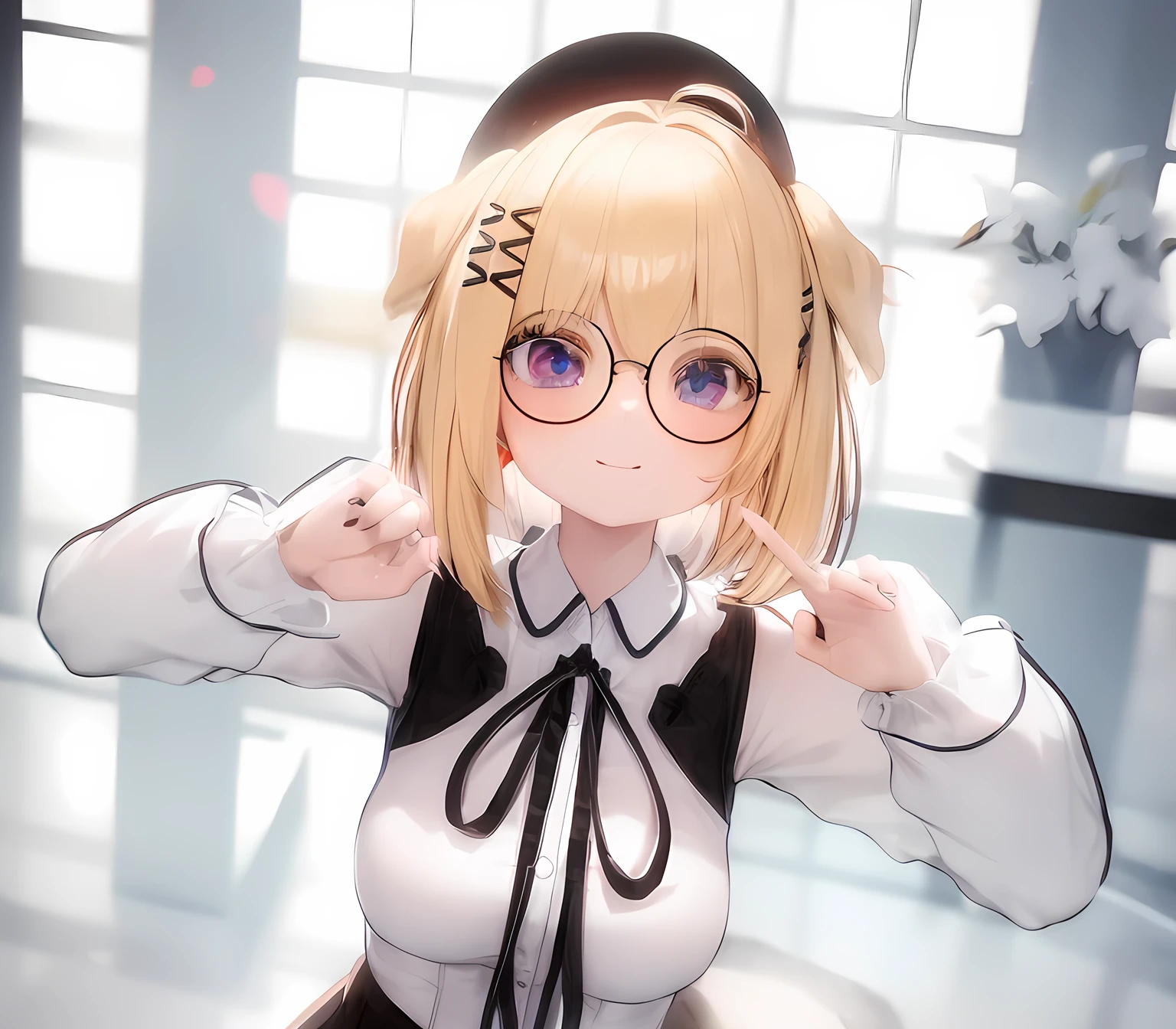 blonde anime girl in a short black skirt and white shirt with blue eyes, wearing round glasses, have a cute brown dog ears, cute smile, look at camera, render of a cute 3d anime girl, anime styled 3d, hanayamata, small curvy , realistic anime 3 d style, 3d anime girl, anime moe artstyle, vrchat, , anime style. 8k, stylized anime, render of april, shikamimi, at a park