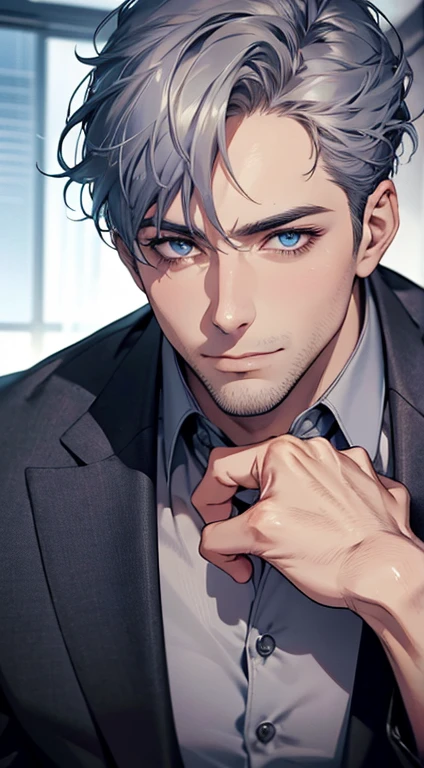 (best quality,4k,8k,highres,masterpiece:1.2),ultra-detailed,(realistic,photorealistic,photo-realistic:1.37),1 man,31 years old,mature man,very handsome,without expression,smile,short grey blue hair,blue eyes,penetrating gaze,perfect face without errors,imposing posture,businessman,office background,cinematic lighting,hdr image