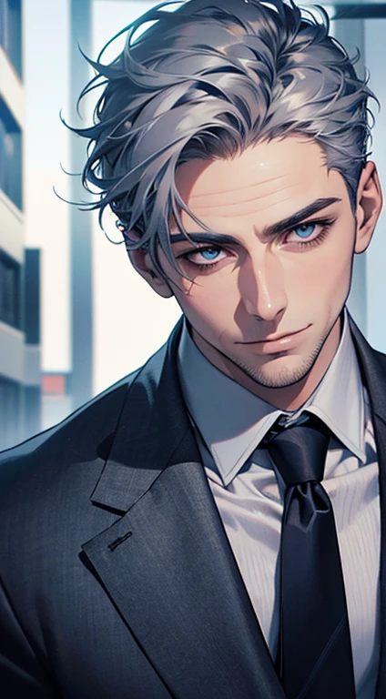 (best quality,4k,8k,highres,masterpiece:1.2),ultra-detailed,(realistic,photorealistic,photo-realistic:1.37),1 man,31 years old,mature man,very handsome,without expression,smile,short grey blue hair,blue eyes,penetrating gaze,perfect face without errors,imposing posture,businessman,office background,cinematic lighting,hdr image