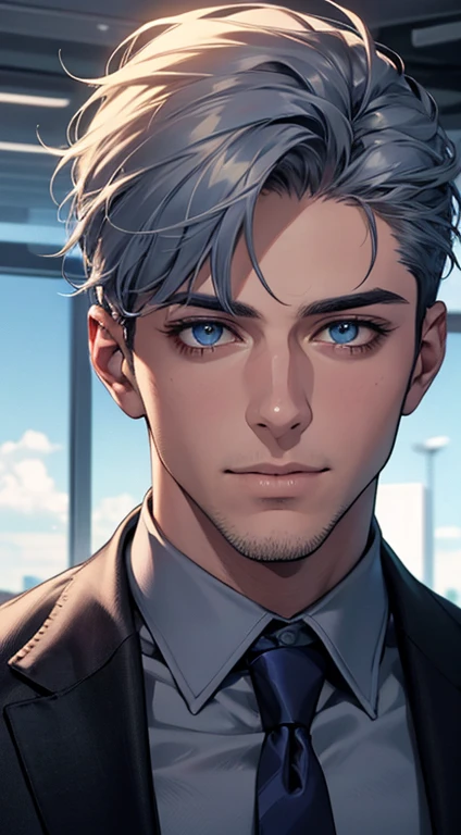 (best quality,4k,8k,highres,masterpiece:1.2),ultra-detailed,(realistic,photorealistic,photo-realistic:1.37),1 man,31 years old,mature man,very handsome,without expression,smile,short grey blue hair,blue eyes,penetrating gaze,perfect face without errors,imposing posture,businessman,office background,cinematic lighting,hdr image