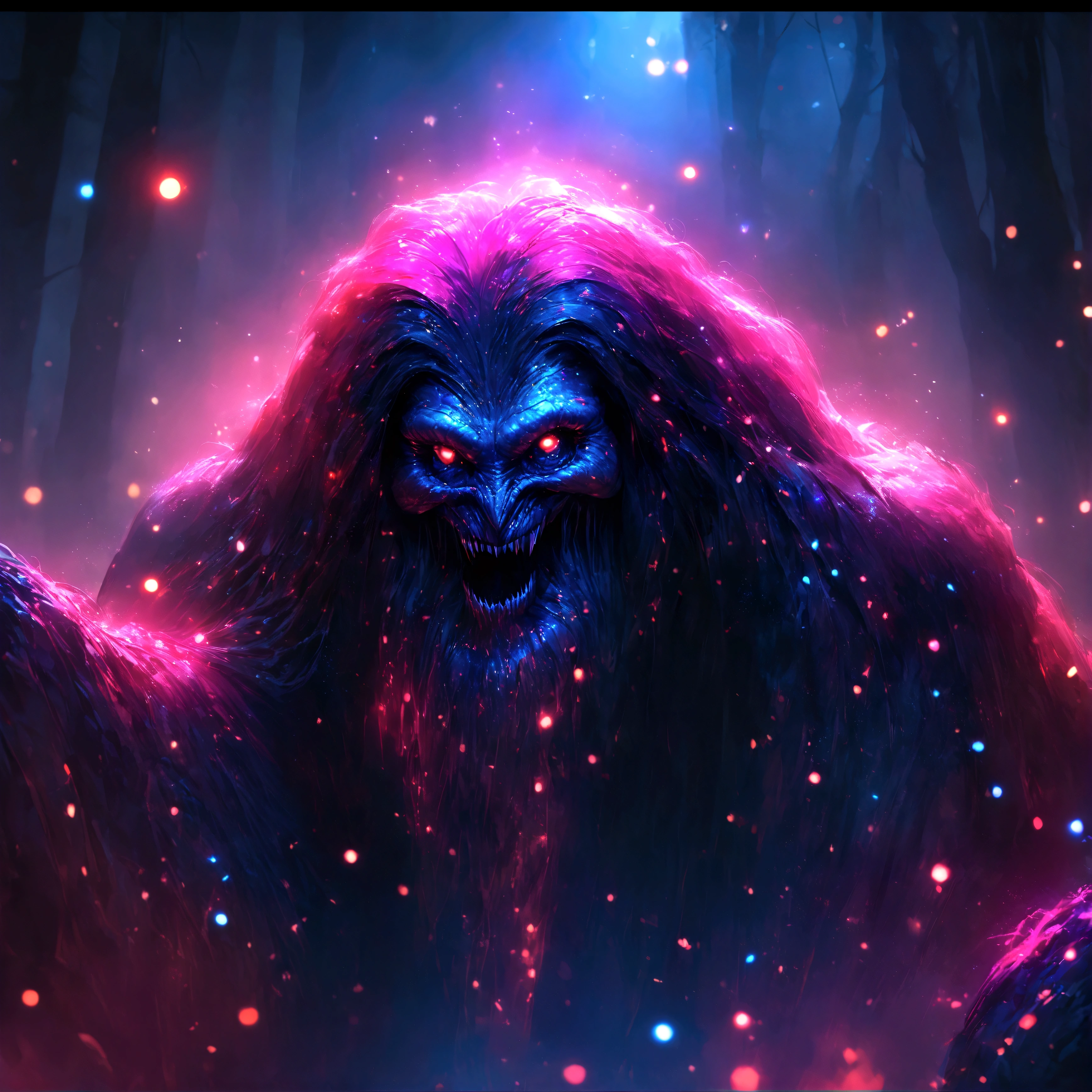 A monstrous creature lurking in the deep darkness, with its abominable presence emphasized by the (best quality, 4k, ultra-detailed, realistic, vivid colors, bokeh). The creature is enveloped in an eerie atmosphere, where the interaction of light and shadows adds to the sense of mystery and suspense. The scene is filled with floating particles, enhancing the otherworldly nature of the environment.