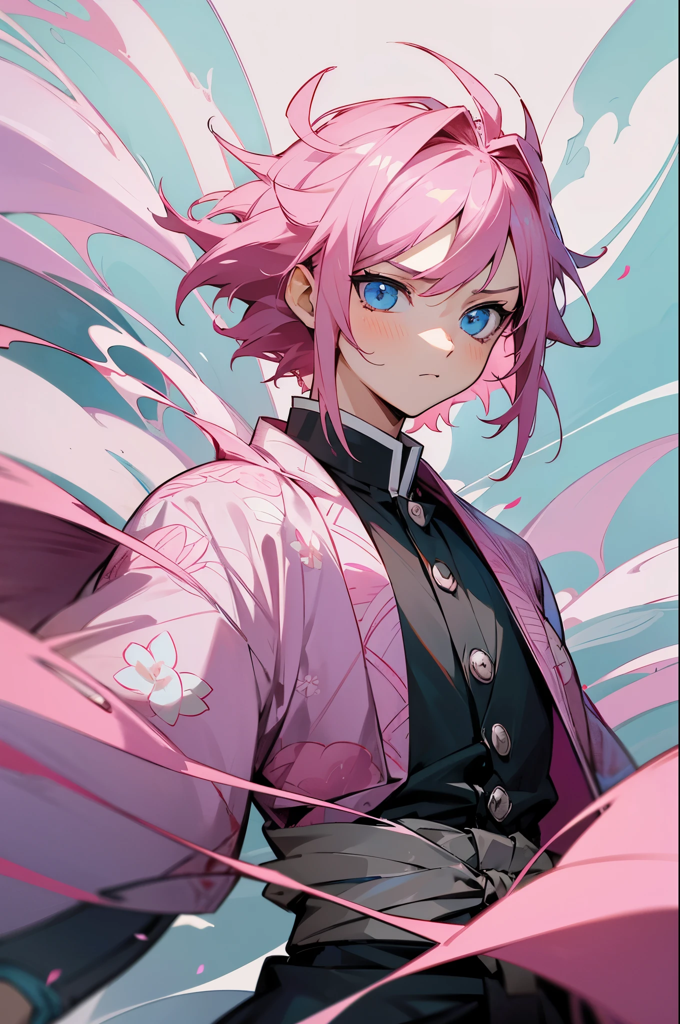 the anime, (Best Quality), 1guy, stands still, (Wide body), (flowers in the background), ((messy pink hair)), long hair, (ultra short hair), ((Impassive blue eyes)), japanese clothes, Open flower coat ((pink with flower patterns)), ((hem at the waist)), The Art of the Demon Slayer, demon slayer artstyle, kimetsu no yaiba, mature male, muscular, upper body, perfect pink eyes