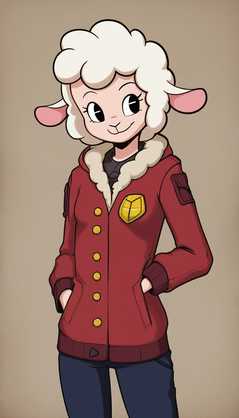 1 girl, young, antro, woolry, wool, fluffy wool, sheep girl, wearing a coat with a strap, pants, smug smile, happy mood , slim, Perfect body,