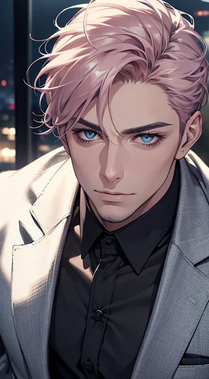 (best quality,4k,8k,highres,masterpiece:1.2),ultra-detailed,(realistic,photorealistic,photo-realistic:1.37),1 man,31 years old,mature man,very handsome,without expression,smile,short grey pink hair,blue eyes,penetrating gaze,perfect face without errors,imposing posture,businessman,office background,cinematic lighting,hdr image