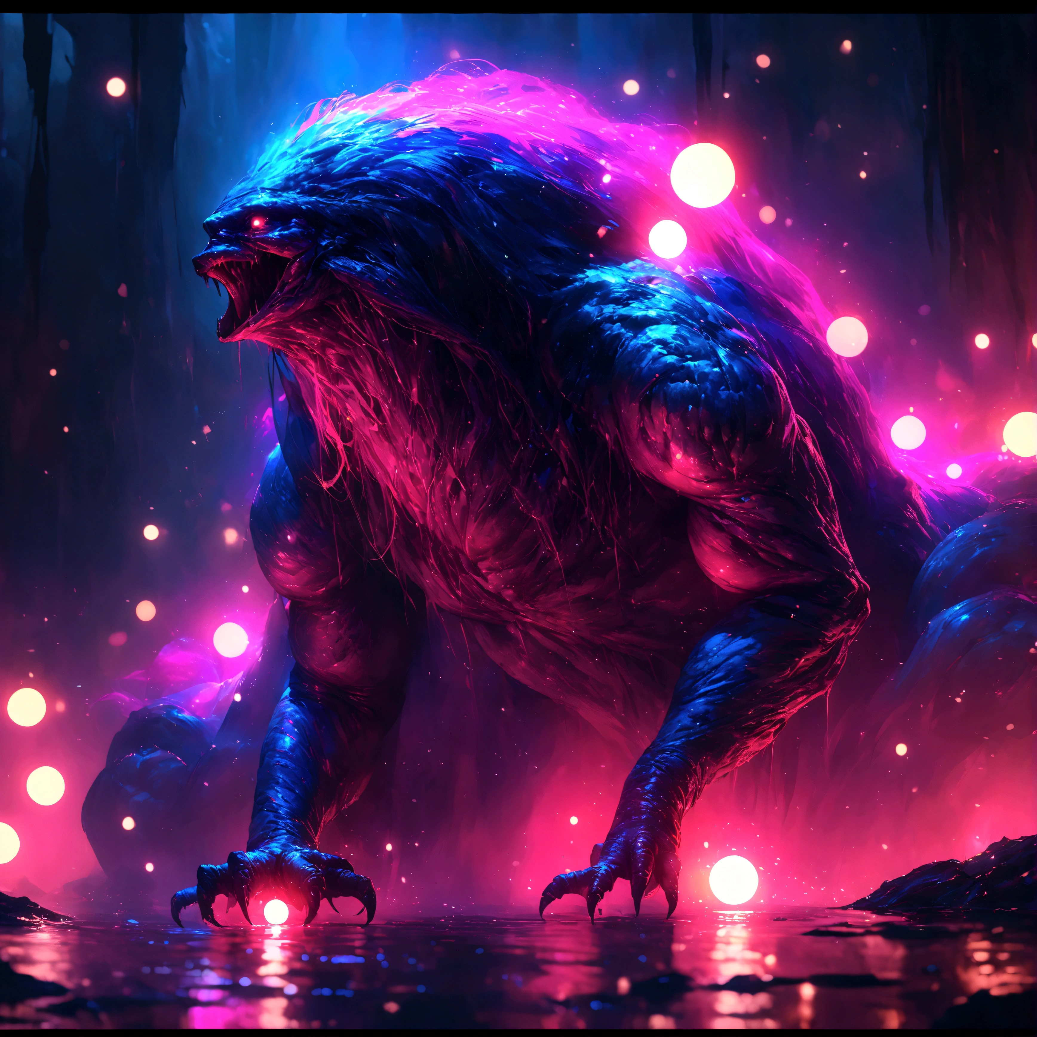 A monstrous creature lurking in the deep darkness, with its abominable presence emphasized by the (best quality, 4k, ultra-detailed, realistic, vivid colors, bokeh). The creature is enveloped in an eerie atmosphere, where the interaction of light and shadows adds to the sense of mystery and suspense. The scene is filled with floating particles, enhancing the otherworldly nature of the environment.
