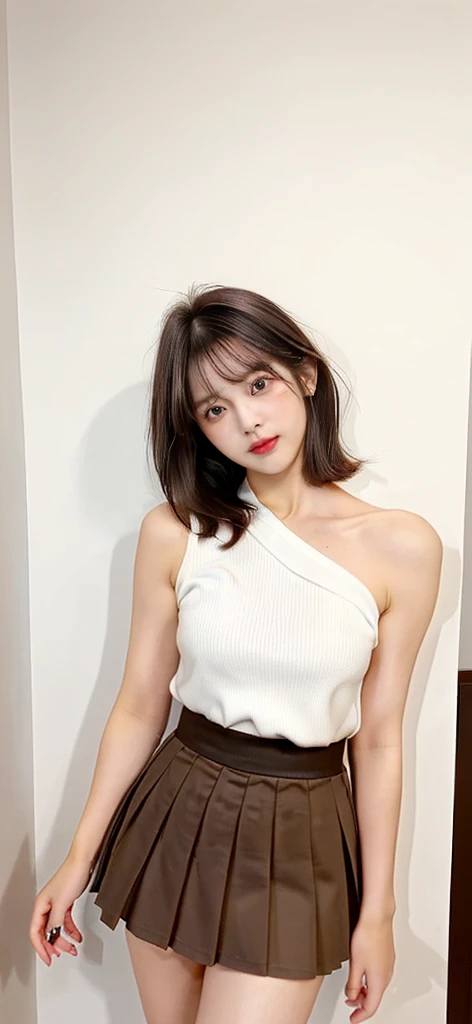 Girl standing on her back with a sexy skirt and short brown and white hair and a mole on her shoulder, make it sexy 