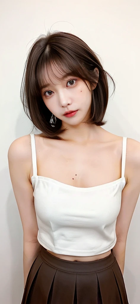 Girl standing on her back with a sexy skirt and short brown and white hair and a mole on her shoulder, make it sexy
