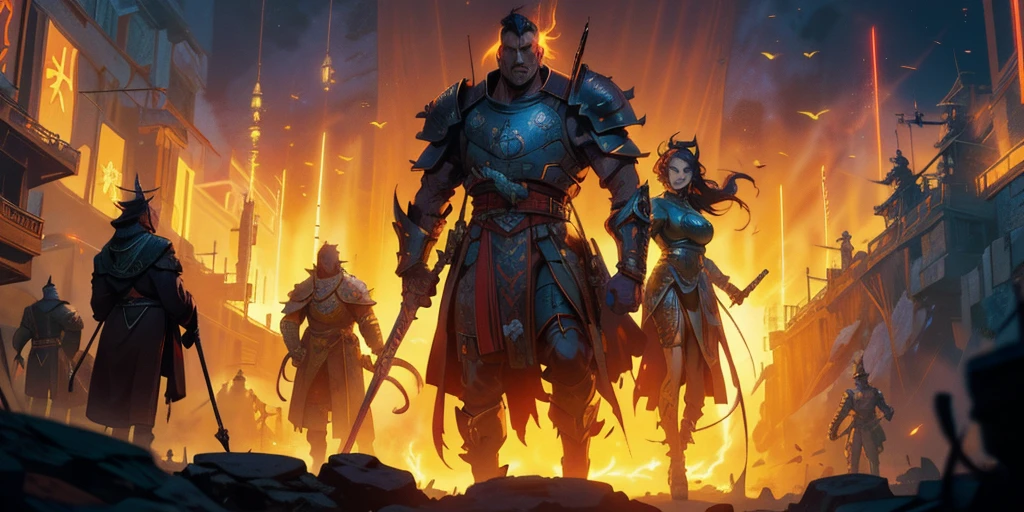 Ancient anime style, artbook, comicbook, RPG, futuristic medieval.  Warrior in dragon rat armor, with human face with glowing magic tattoos, red neon details, with technological medieval armor with glowing magic marks, full body, sword with long handle with glowing magic marks.  Epic scene, wide and deep scenery, with several depth planes, stylish and dynamic pose.  In the middle of a retro atompunk magical metropolis, mixing technology and vegetation, buildings with neon details and glowing magical vegetation, technological magical airships with glowing details in the sky.