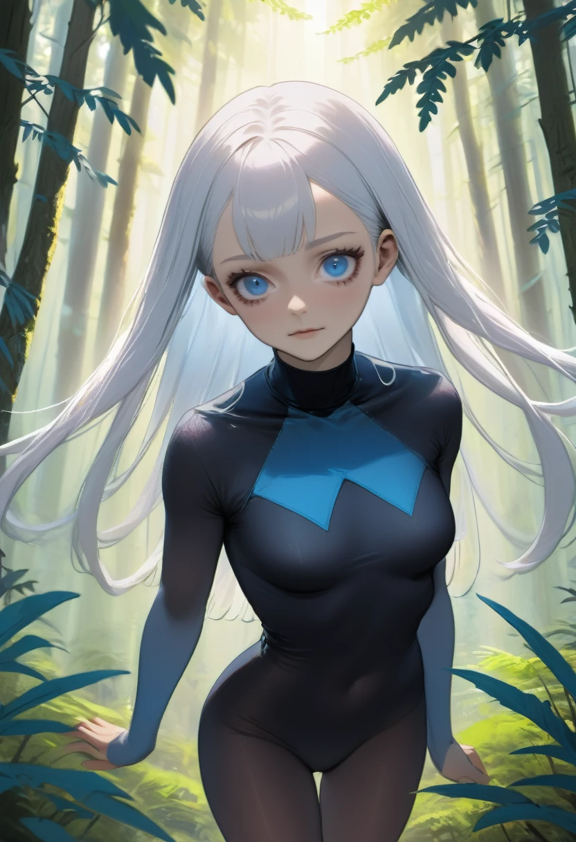 realist artstyle, god of life,man who doesn't speak,it with small waist,with one long white tail with a sharp tip without fur, pale skin whiter in color,bright blue eyes and a long whiter hair that reaches the waist fluffy, he has three eyes, with one eye in the middle of the forehead with a black base and a hypnotic blue eye,broad shoulders, long black eyelashes,his body was dressed in a white veil,in the forest ,full body 