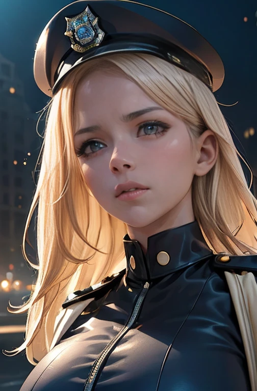 a beautiful girl with long blonde hair in a police officer costume, extremely detailed face and eyes, detailed facial features, detailed skin, flawless skin, beautiful lips, solo portrait, high quality, 8K, ultra-detailed, realistic, photorealistic, photo-realistic, physically-based rendering, sharp focus, vivid colors, intricate details, cinematic lighting, dramatic lighting, dramatic pose, police uniform, hat, badge, dramatic atmosphere, realistic textures, sexy Perfect sensual body large breast and huge thighs, firness body