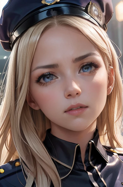 a beautiful girl with long blonde hair in a police officer costume, extremely detailed face and eyes, detailed facial features, detailed skin, flawless skin, beautiful lips, solo portrait, high quality, 8K, ultra-detailed, realistic, photorealistic, photo-realistic, physically-based rendering, sharp focus, vivid colors, intricate details, cinematic lighting, dramatic lighting, dramatic pose, police uniform, hat, badge, dramatic atmosphere, realistic textures, sexy Perfect sensual body large breast and huge thighs, firness body