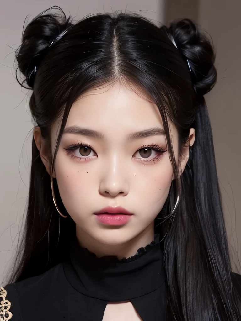 Kim Jennie with dark black hair, with curlers at the ends of dark black hair, with a star clip in her dark black hair, light colored eyes, pretty eyes, crying eyes, pretty, upturned nose, Pretty lips, pink lips, heart and cupid shaped lip, pretty skin, pale, White skin, with moles and freckles all over his face, soft pink blush on the cheeks, natural pink blush, dark and gothic makeup, Gothic Jennie, while she is with a cute boy by her side, with a cute asian boy standing next to her, while there is a man's torso, while the man'His hand is on his jaw.., beautiful man's hands, with a gothic boy, nice collars, marked collar, frown, angry look, with a kiss necklace, a pretty kiss necklace, while her nipples are noticeable (big breasts, soft breasts, nice breasts, natural breasts), with a white dress, short and transparent dress, visible on the nipple, with a boy by his side, with her boyfriend, looking to the camera, autophoto