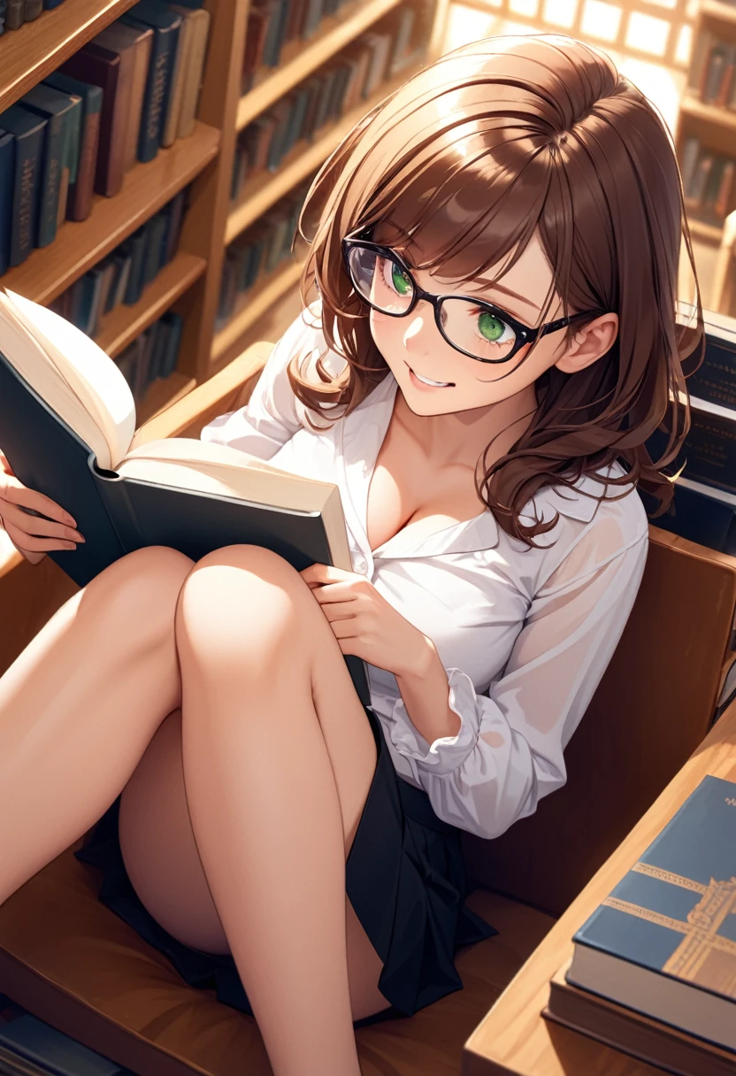 detailed illustration ,dynamic angle, ultra-detailed, detailed eyes, detailed face, 1girl, sitting down, legs up, reading book, long brown hair, glasses, green eyes, smile, shy, delight, blushing, horny, library, short black skirt, white blouse, cleavage, medium breasts, from above, looking up