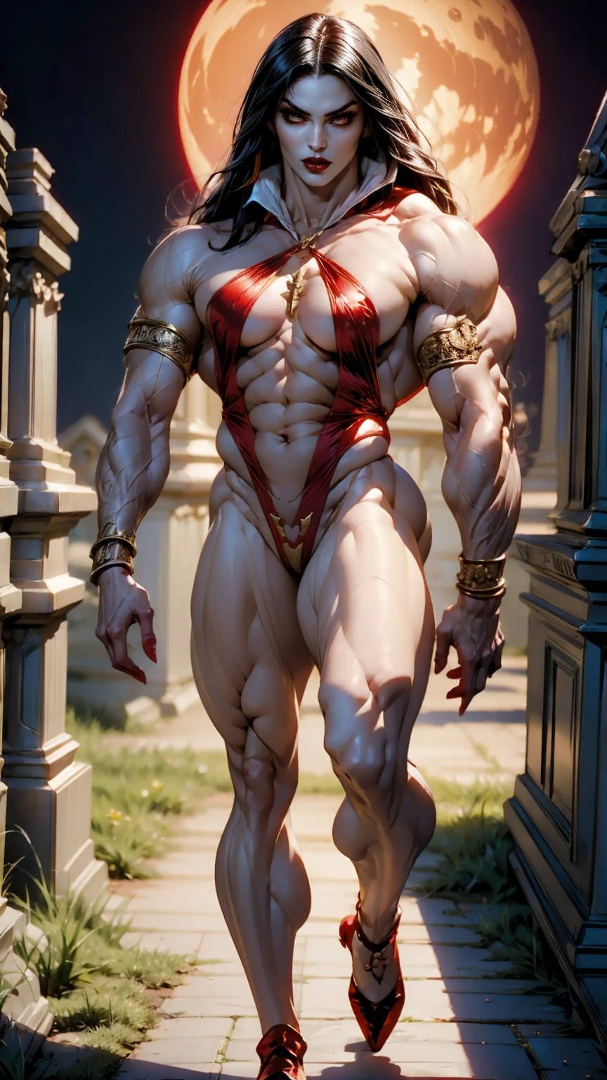 Megan fox as Vampirella, (wearing a red vampirella outfit:1.25), (muscular physique, pale skin, red glowing eyes:1.25), walking down a cemetery on a moonlit night, full moon, dark gothic atmosphere, thin legs, Realistic, Very detailed face and eyes, (masterpiece:1.1), (best quality:1.1), (ornate:1.1), (beautiful girl face:1.25)