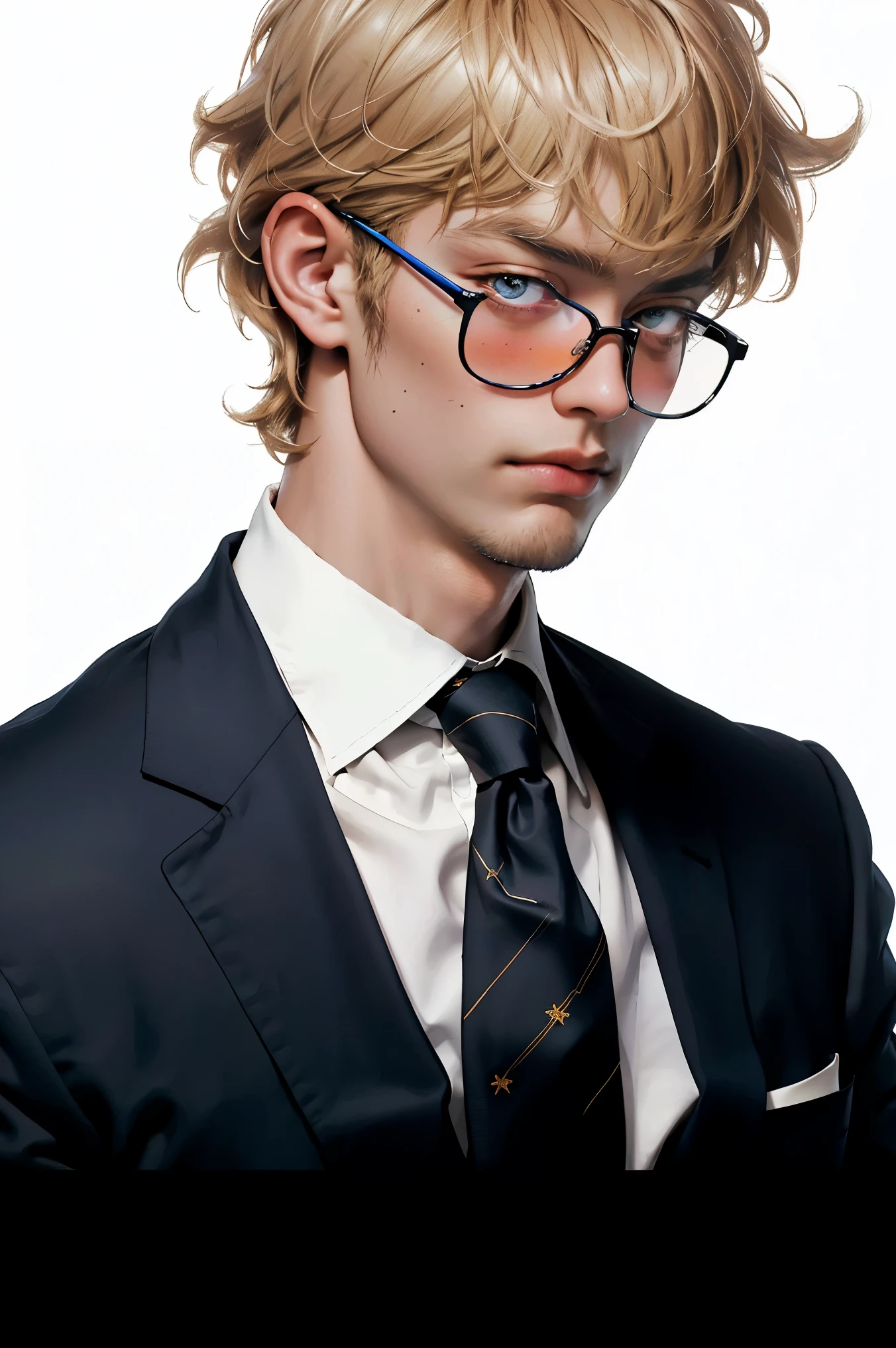 realist，（Masterpiece，arriba Quority，Best Quality，Official Art，Beauty：1.2），He is very detailed，s fractal art，Color，More Detailed，tangled，（Abstract backgrounds：1.5）（1：1.3）,nanami，light blonde hair，Short detailed hair，（blue sunglasses ,Tall and strong,blue shirt and yellow tie with black spots，Abistic，(posing holding glasses)，Handsome man