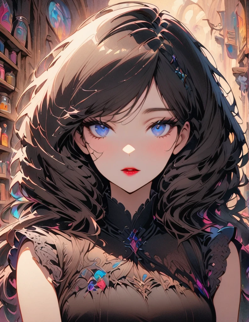 Cute anime girl with blond hair and blue eyes wearing a beige ruffled blouse., holding an open jar of colorful candies in front of your face. Many cans were filled to the top on the shelves behind her., with detailed fantasy background, cute and colorful. This is a digital illustration. sharp focus, very detailed illustration, masterpiece, A high resolution, in octane rendering style, -- AR 3:4 -- niji 6