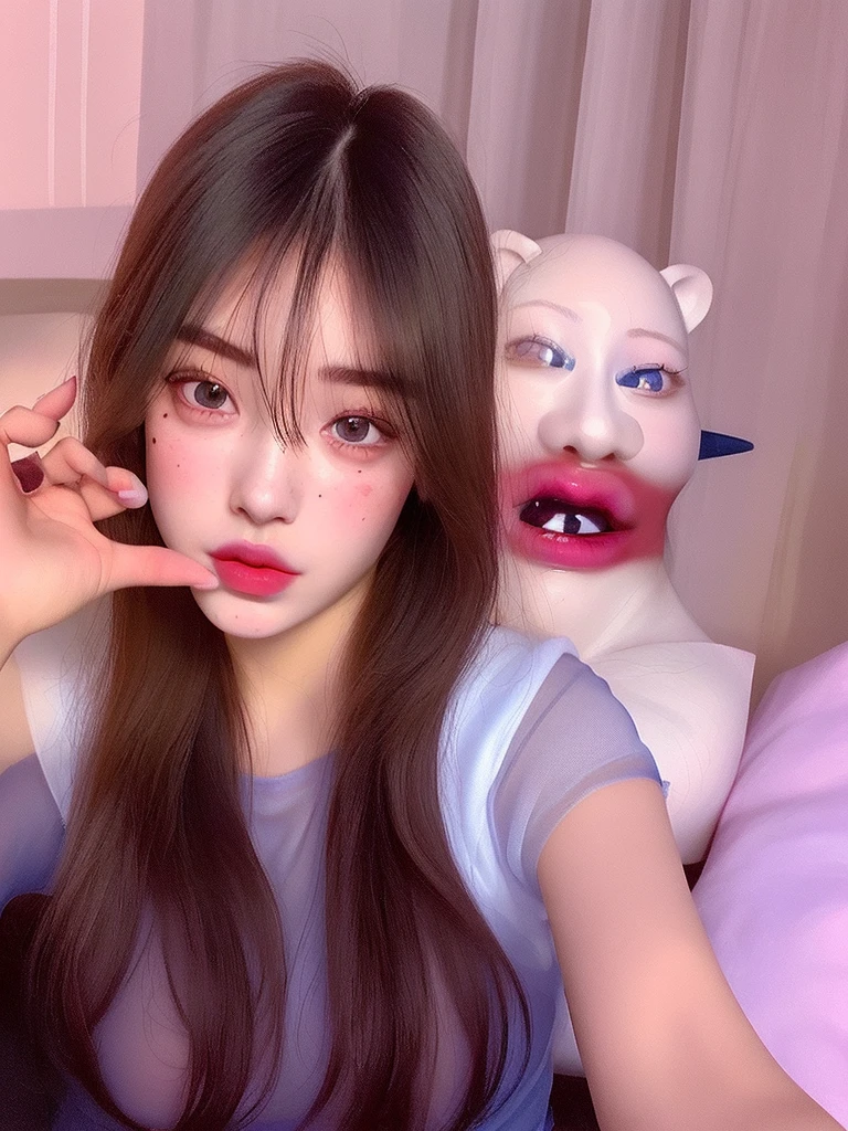 um close up de uma mulher com cabelos longos vestindo uma camisa em gola redonda, cruel korean goth girl, Ulzzang, coreana, com cabelos longos castanho claro e olhos penetrantes, pale goth beauty, korean face features, Mulher sul-coreana bonita, 19-year-old girl, Asian girl, 18 anos, olhos escuros e penetrantes, pale round face, young adorable korean face, breasts, Accurate, masterpiece, Anatomically correct, Very detailed, Textured skin, Attention to detail, high quality, High resolution, 8k. , Big double eyes, nose, black eyes, upturned and pretty nose, thick lips, Cupid and heart shaped lips.., pink lips, pale, White skin, nice and soft skin, with freckles and moles, pretty eyebrows, marked and beautiful clavicle, with women underwear, slim and beautiful abdomen, bare neckline, (big breasts, soft breasts, natural breasts, bare neckline), looking to the camera, wearing glasses, bangs