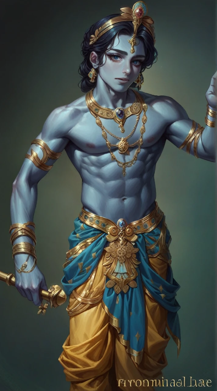 "Shree Krishna, divine aura, serene expression, vibrant colors, intricate details, ethereal background, sacred symbol, majestic posture, divine light, celestial beauty, divine grace, divine love."