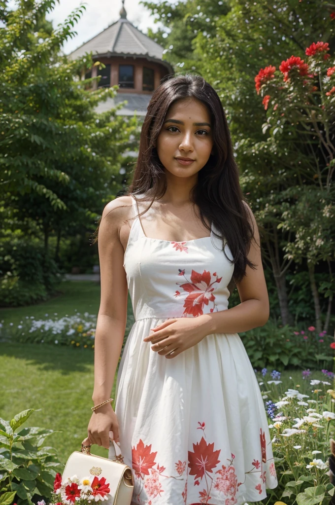 South Asian girl celebrating Canada Day in a heavenly floral garden. She is wearing a beautiful white dress and is holding the Canadian flag in her hands