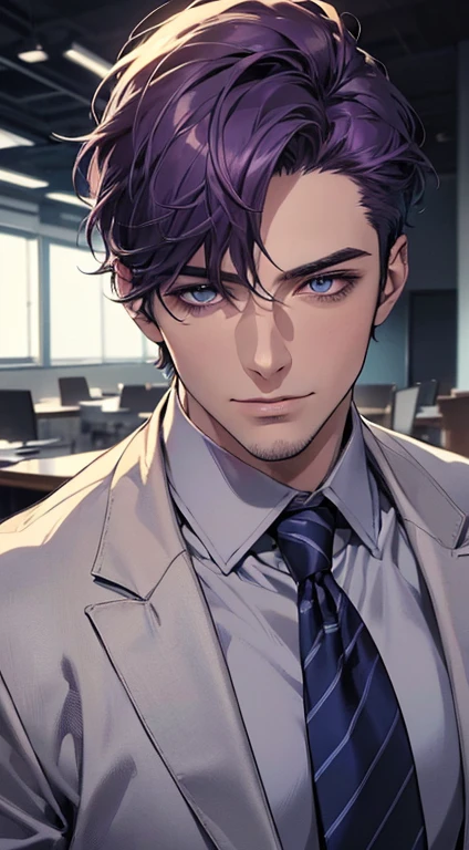 (best quality,4k,8k,highres,masterpiece:1.2),ultra-detailed,(realistic,photorealistic,photo-realistic:1.37),1 man,31 years old,mature man,very handsome,without expression,smile,short purple hair,blue eyes,penetrating gaze,perfect face without errors,imposing posture,businessman,office background,cinematic lighting,hdr image