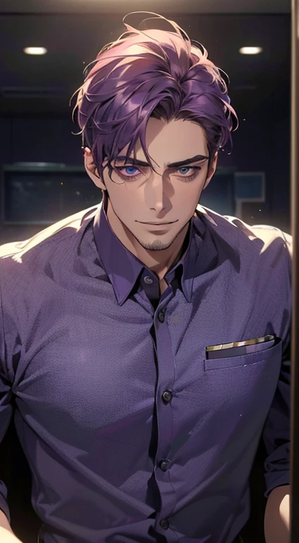 (best quality,4k,8k,highres,masterpiece:1.2),ultra-detailed,(realistic,photorealistic,photo-realistic:1.37),1 man,31 years old,mature man,very handsome,without expression,smile,short purple hair,blue eyes,penetrating gaze,perfect face without errors,imposing posture,businessman,office background,cinematic lighting,hdr image
