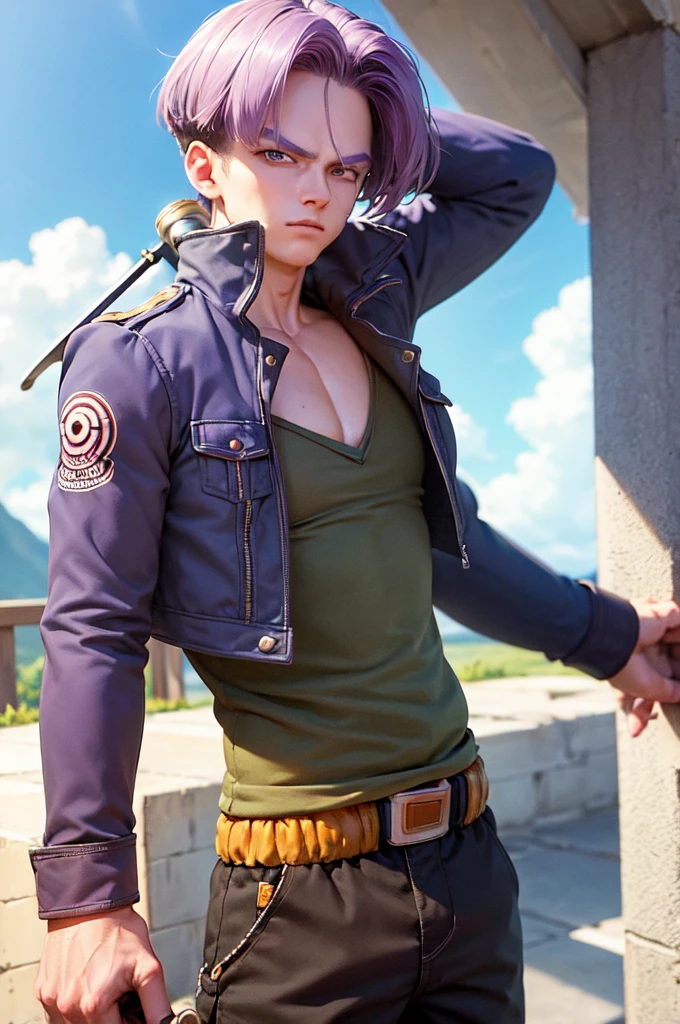 (masterpiece, best quality:1.2), cowboy shot, solo, male focus, 1boy, trunks \(dragon ball\), expressionless, closed mouth, looking at viewer, purple hair, blue eyes, jacket, shirt, pants, sword