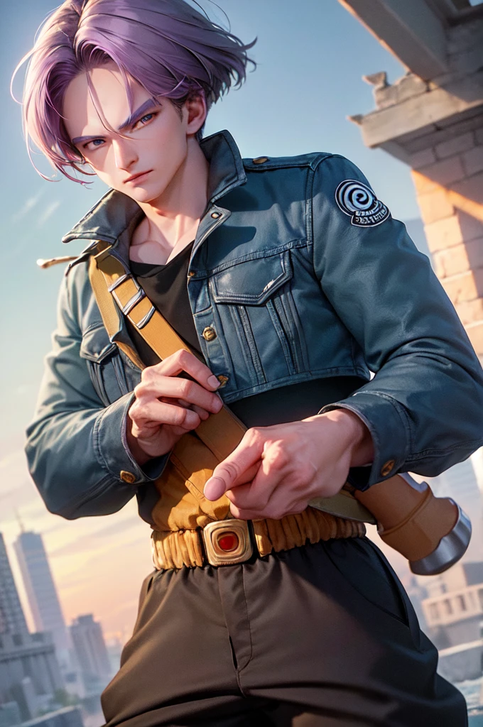 (masterpiece, best quality:1.2), cowboy shot, solo, male focus, 1boy, trunks \(dragon ball\), expressionless, closed mouth, looking at viewer, purple hair, blue eyes, jacket, shirt, pants, sword