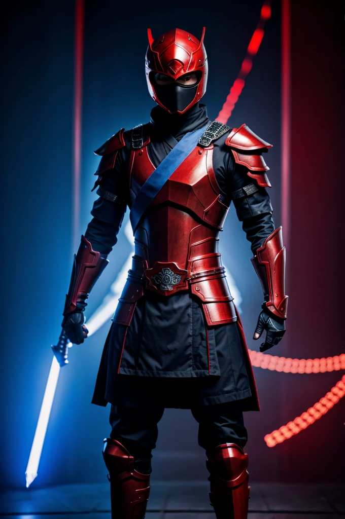 Ninja with an armor stands in a place in a Chinese part with red and blue lights 