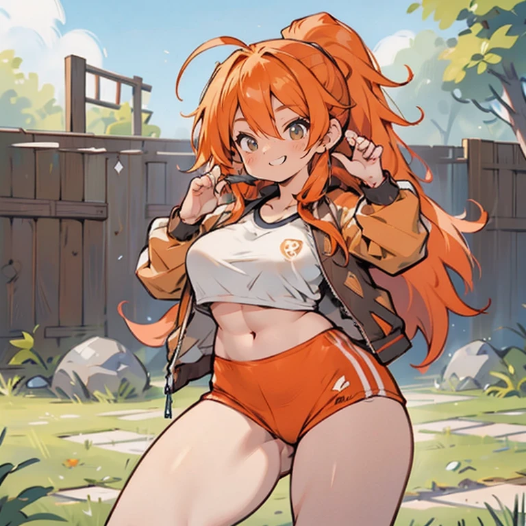 anime, 1 girl, alone, long orange hair, messy hair, split ponytail, hair over eyes, ahoge, brown eyes, smiling, outdoor, tracksuit jacket, yoga, big chest and huge thighs slim belly, Perfect sensual body