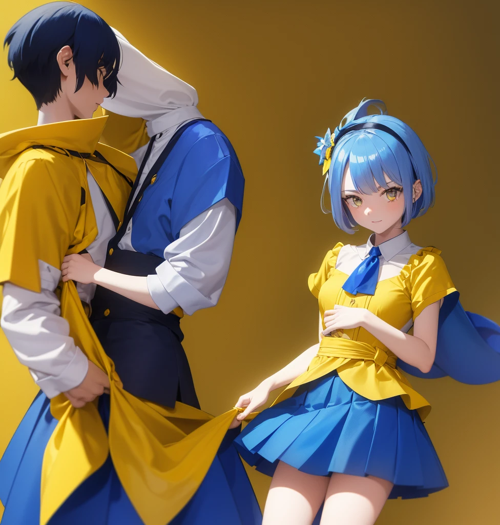A CUTE GIRL, It is 7 heads tall, short blue hair, yellow eyes that stand out and shine, she is wearing a very small blue skirt with yellow horizontal pattern, Under the skirt she has very tight and shiny shorts, they are also very dark blue., She is wearing a blouse that highlights her exuberant breasts., The blouse also has a yellow and blue pattern, He has a yellow ribbon on his head, the girl is thin, In his right hand he carries a yellow flower and in his left hand he carries nothing., She is standing doing an effeminate pose where her hips stand out, the background is empty, there is nothing, soll a blue and yellow solid color