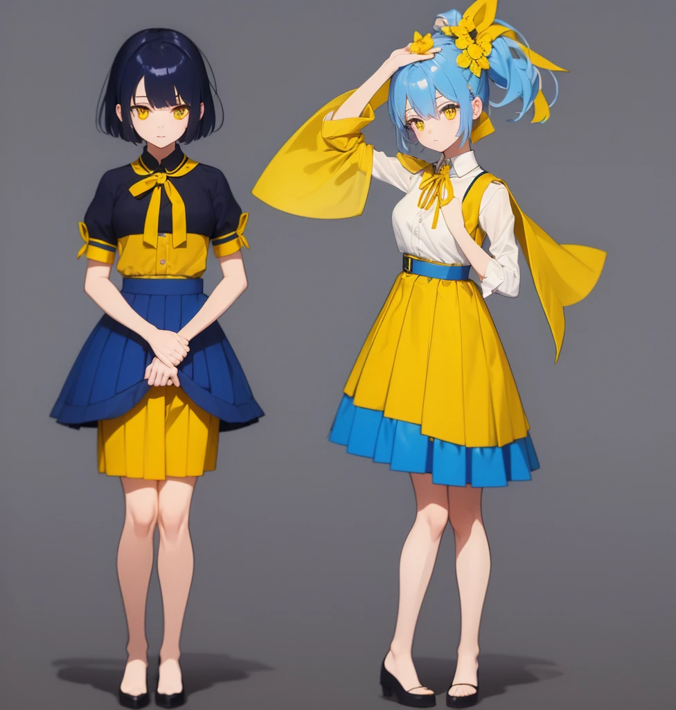 A CUTE GIRL, It is 7 heads tall, short blue hair, yellow eyes that stand out and shine, she is wearing a very small blue skirt with yellow horizontal pattern, Under the skirt she has very tight and shiny shorts, they are also very dark blue., She is wearing a blouse that highlights her exuberant breasts., The blouse also has a yellow and blue pattern, He has a yellow ribbon on his head, the girl is thin, In his right hand he carries a yellow flower and in his left hand he carries nothing., She is standing doing an effeminate pose where her hips stand out, the background is empty, there is nothing, soll a blue and yellow solid color