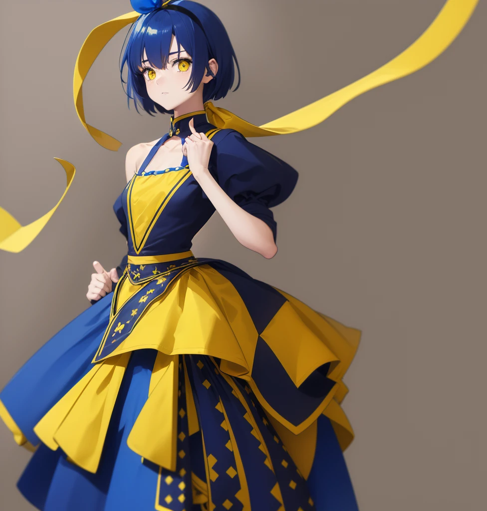 A CUTE GIRL, It is 7 heads tall, short blue hair, yellow eyes that stand out and shine, she is wearing a very small blue skirt with yellow horizontal pattern, Under the skirt she has very tight and shiny shorts, they are also very dark blue., She is wearing a blouse that highlights her exuberant breasts., The blouse also has a yellow and blue pattern, He has a yellow ribbon on his head, the girl is thin, In his right hand he carries a yellow flower and in his left hand he carries nothing., She is standing doing an effeminate pose where her hips stand out, the background is empty, there is nothing, soll a blue and yellow solid color