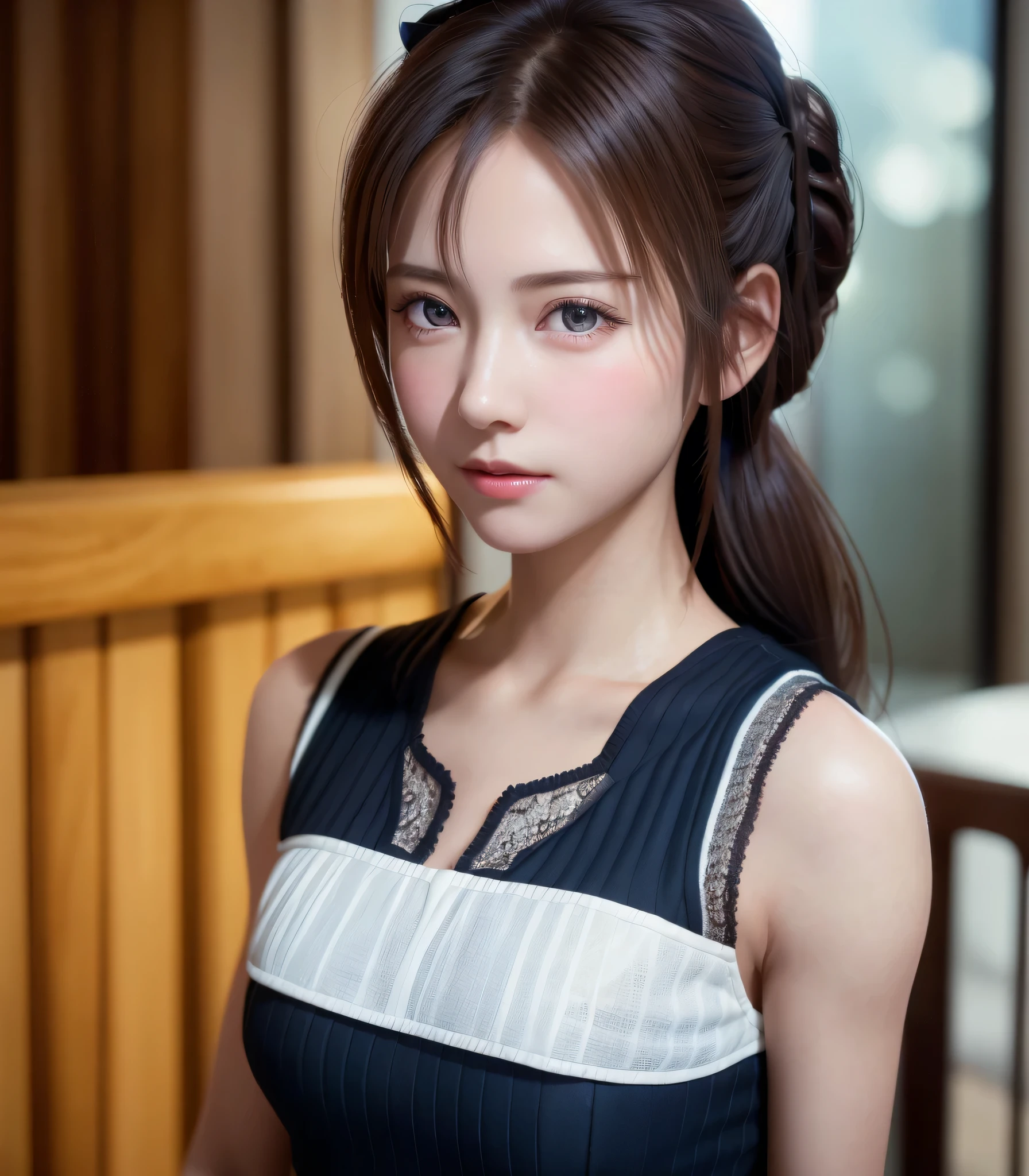 8K, of the highest quality, masutepiece:1.2), (Realistic, Photorealsitic:1.37), of the highest quality, masutepiece, Beautiful young woman, Pensive expression, Gentle eyes, Cute Maid Clothes, Hair tied back, feeling radiant, Cinematic background,, Light skin tone
