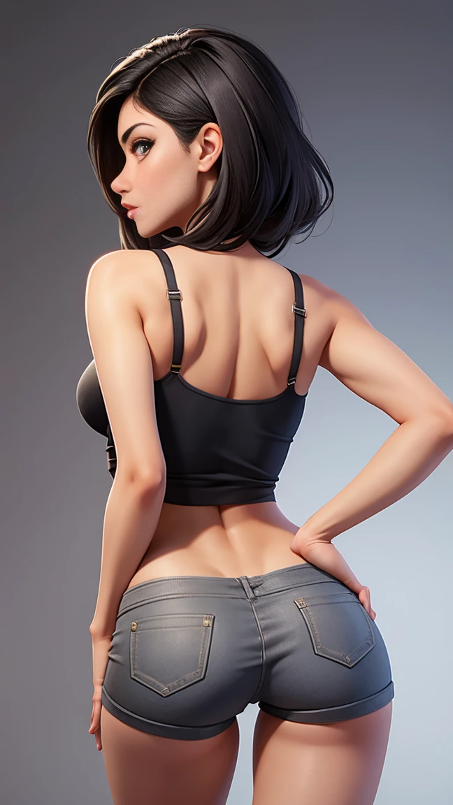Sexy, slim iranian woman with gray eyes and a sexy pose, dressed in super hot short shorts from behind