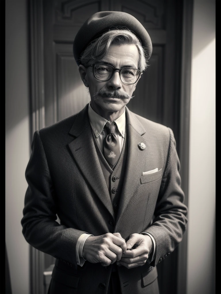 "A very old photograph from the 1930s of a very kind-looking man wearing glasses and a mustache, dressed in formal attire, a wool pullover, and a beret. The photograph has a vintage, sepia tone, with visible grain and slight fading, characteristic of the era. The background is simple and slightly blurred, drawing attention to the man's warm expression and traditional clothing. The lighting is soft and natural, enhancing the nostalgic and timeless feel of the image. Use high-quality render settings to capture the texture and authenticity of the old photograph."