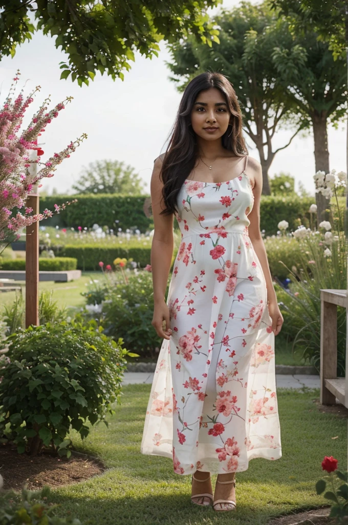 South Asian girl celebrating Canada Day in a heavenly floral garden. She is wearing a beautiful long white dress and is holding the Canadian flag in her hands