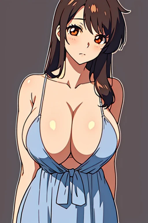 (beautiful detailed eyes:1.5, beautiful detailed face:1.2, beautiful detailed hair), Murrue Ramius, a woman, red eyes, blush, milf, wife, sexy, Curvy, (brown hair, long hair, bangs), (sagging large breasts:1.5), (negligee:1.5, no bra), arms behind back, upper body, standing, (Perfect detailed Anatomy, beautiful detailed hair, perfect female body:1.2, shiny skin), (thick outline, Beautiful outlines, black outlines), simple background:1.5, Breasts on Glass