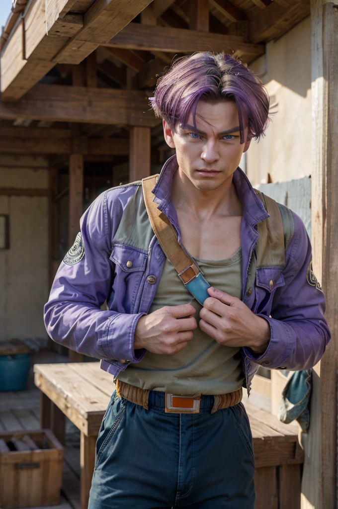 (masterpiece, best quality:1.2), cowboy shot, solo, male focus, 1boy, trunks \(dragon ball\), expressionless, closed mouth, looking at viewer, purple hair, blue eyes, jacket, shirt, pants, sword