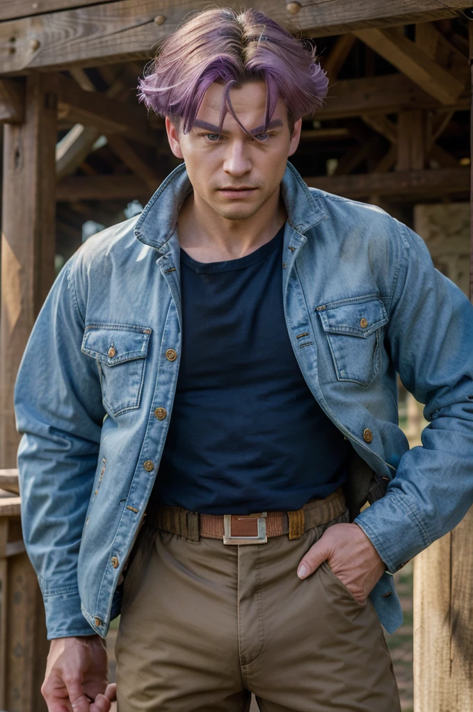 (masterpiece, best quality:1.2), cowboy shot, solo, male focus, 1boy, trunks \(dragon ball\), expressionless, closed mouth, looking at viewer, purple hair, blue eyes, jacket, shirt, pants, sword