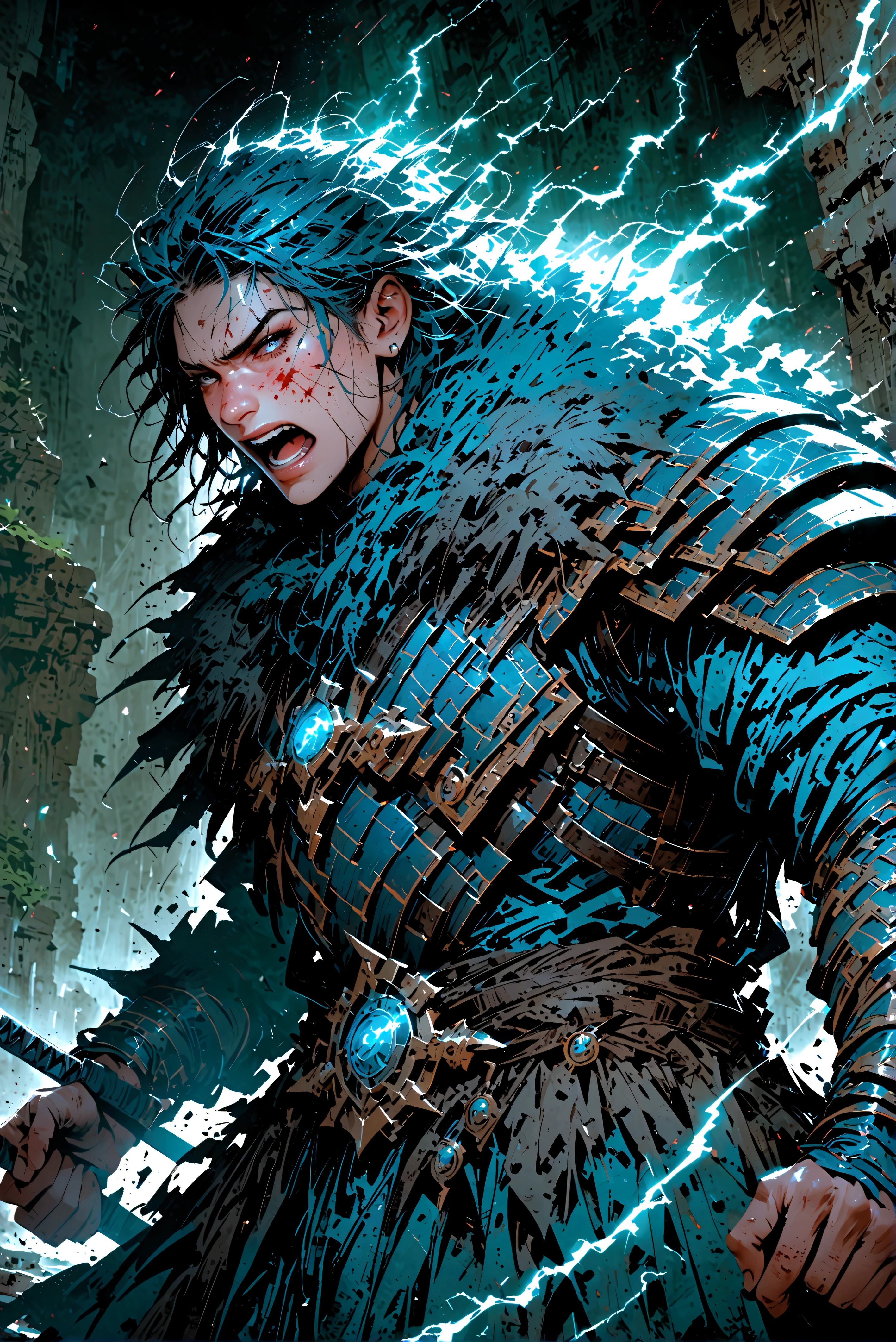 (An exhausted warrior who has swum through rivers of lightning), semi-realistic, High Resolutions, harsh colors, Detailed rendering, sharp focus, ultra detailed, Cinematic lighting, Warrior, expression of frustration, armor, fur clothing, strong body after overcome many battles, lightning in the distance next to clouds, the end announced, Northern Lights, stormy sky, ethereal shine, hands and body stained with blood, footprints spreading the dust, dynamic pose, sword, Ancient ruins.