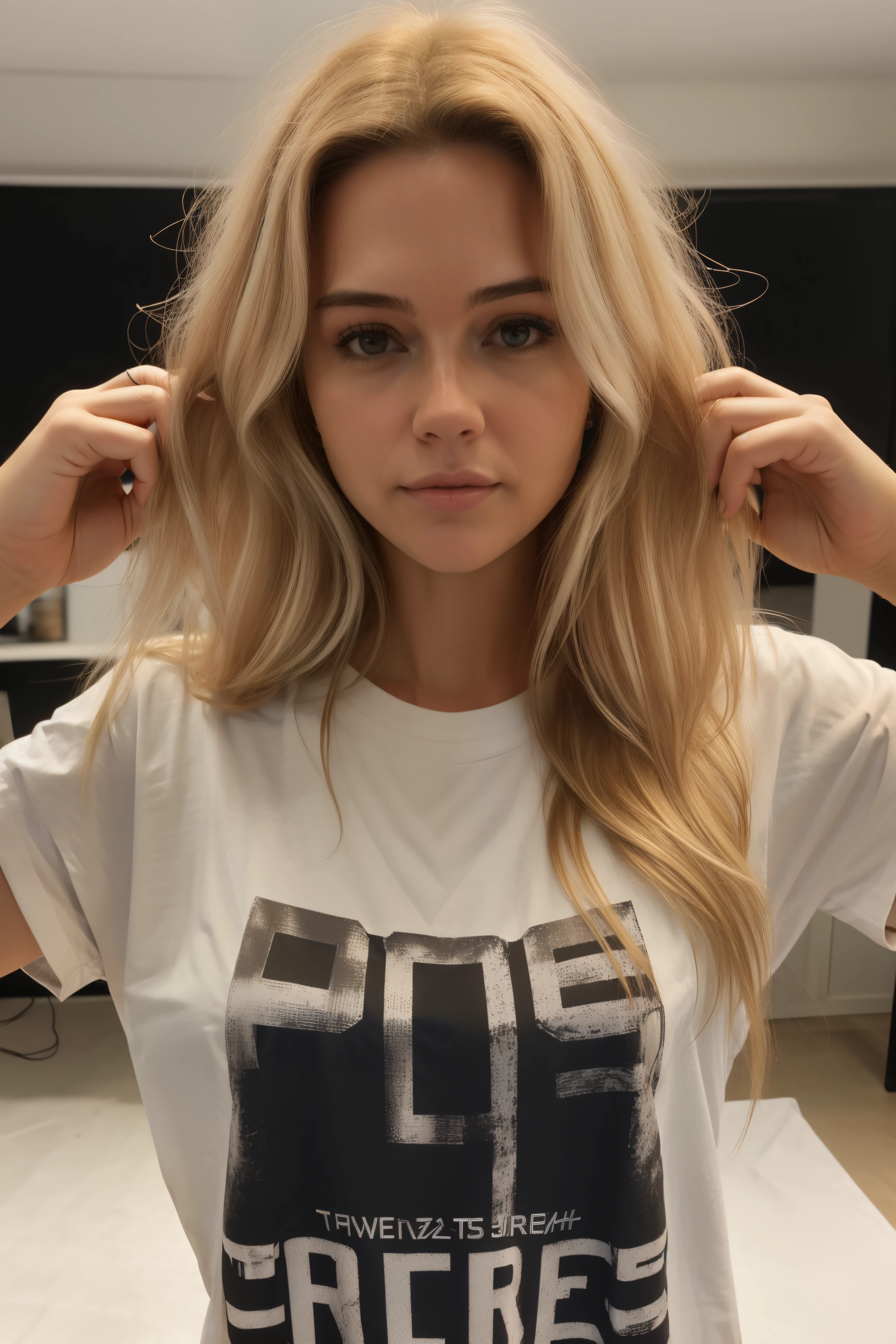 femme portant un ((T-shirt oversize)), , messy hair, longs cheveux blonds, hyper realistic, 4K, mediuml breasts, head of&#39;artwork, guapo, face au spectateur, photo du visage, cleavage, pale skin, peau claire, ((nasolabial folds)), skin color lipstick, DSLR RAW photo, 8K, lancer, Canon5D, 85mm, ((bedroom, Early morning, assis sur un lit))
