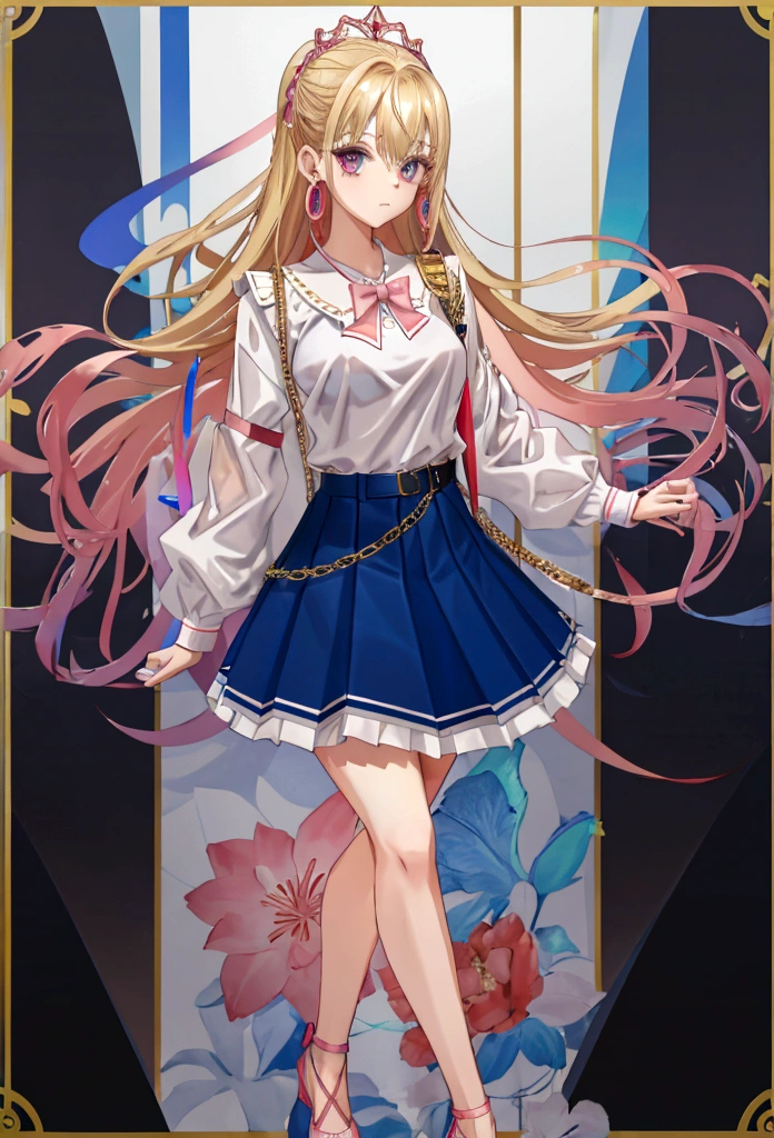 Eyecolor: Blue, Haircolor: Blond, : 15,eight: 165 cm, Weight: 59 kg, Skirt: red pleated left-cut-out mini-skirt, Top: Light pink Sleeveless shirt, Jacket: Denim Jacket, Shoe's: White sneakers with pink accents, Watch: Apple Watch Ultra 2 (Wearing on Left Arm), clothes are all Designer clothes.