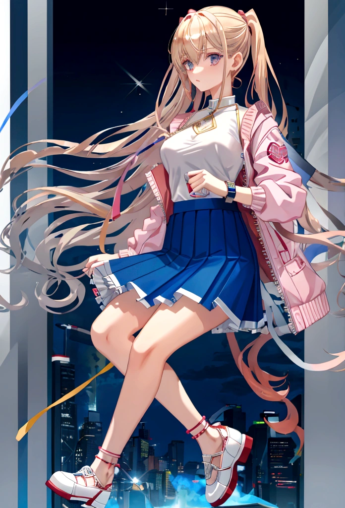 Eyecolor: Blue, Haircolor: Blond, : 15,eight: 165 cm, Weight: 59 kg, Skirt: red pleated left-cut-out mini-skirt, Top: Light pink Sleeveless shirt, Jacket: Denim Jacket, Shoe's: White sneakers with pink accents, Watch: Apple Watch Ultra 2 (Wearing on Left Arm), clothes are all Designer clothes.