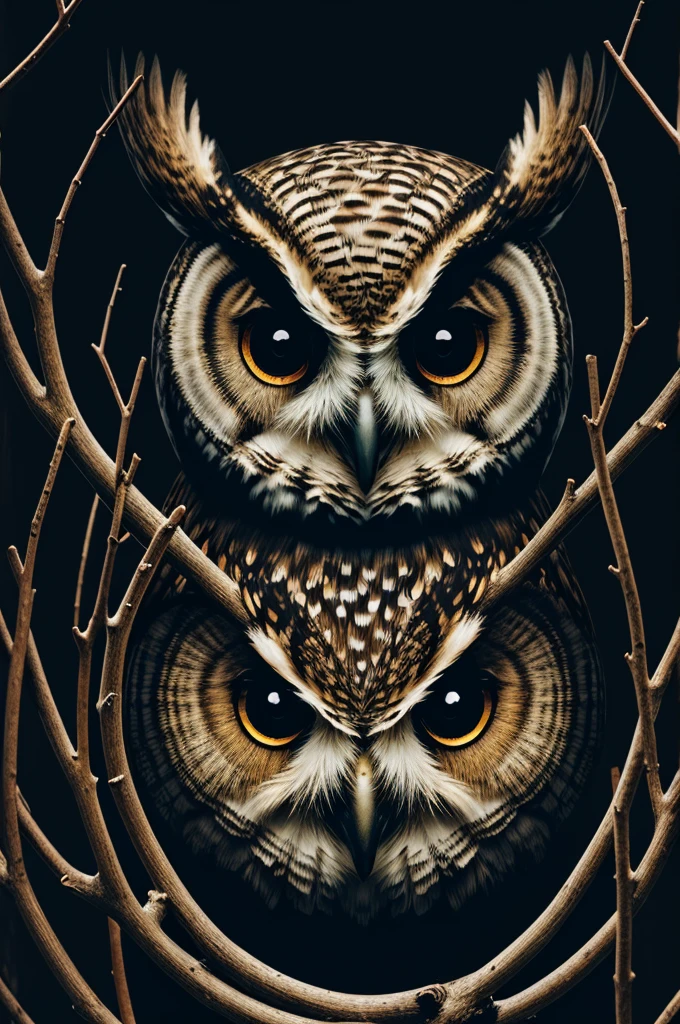 Illustration of owl with horns made of branches. terror, dark.