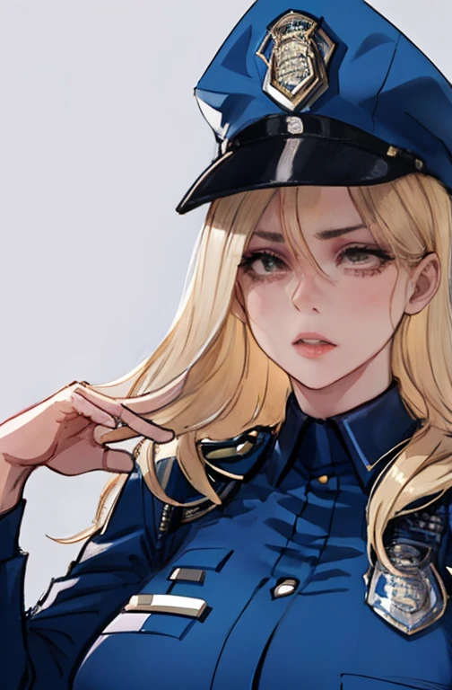 a beautiful girl with long blonde hair in a police officer costume, extremely detailed face and eyes, detailed facial features, detailed skin, flawless skin, beautiful lips, solo portrait, high quality, 8K, ultra-detailed, realistic, photorealistic, photo-realistic, physically-based rendering, sharp focus, vivid colors, intricate details, cinematic lighting, dramatic lighting, dramatic pose, police uniform, hat, badge, dramatic atmosphere, realistic textures, sexy Perfect sensual body large breast and huge thighs, firness body