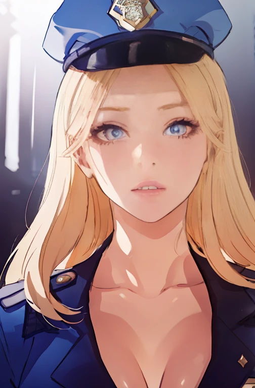 a beautiful girl with long blonde hair in a police officer costume, extremely detailed face and eyes, detailed facial features, detailed skin, flawless skin, beautiful lips, solo portrait, high quality, 8K, ultra-detailed, realistic, photorealistic, photo-realistic, physically-based rendering, sharp focus, vivid colors, intricate details, cinematic lighting, dramatic lighting, dramatic pose, police uniform, hat, badge, dramatic atmosphere, realistic textures, sexy Perfect sensual body large breast and huge thighs, firness body