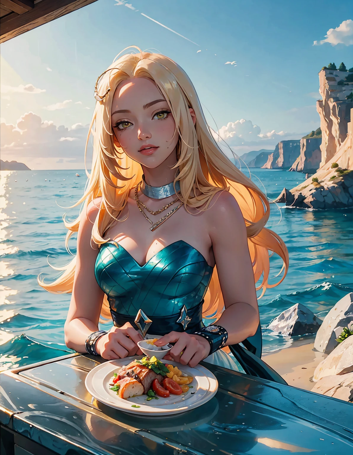 A young woman with golden hair and yellow eyes sits at the table, eating delicious food by the seaside in an anime style. The background features rocky cliffs overlooking the sea, boats floating on it, green plants, and sunlight shining through them onto her face. She is dressed in white and has a relaxed expression. On one side of her lies various dishes such as rice, vegetables, fish and meat, creating a warm atmosphere. --ar 3:4 --niji 6
