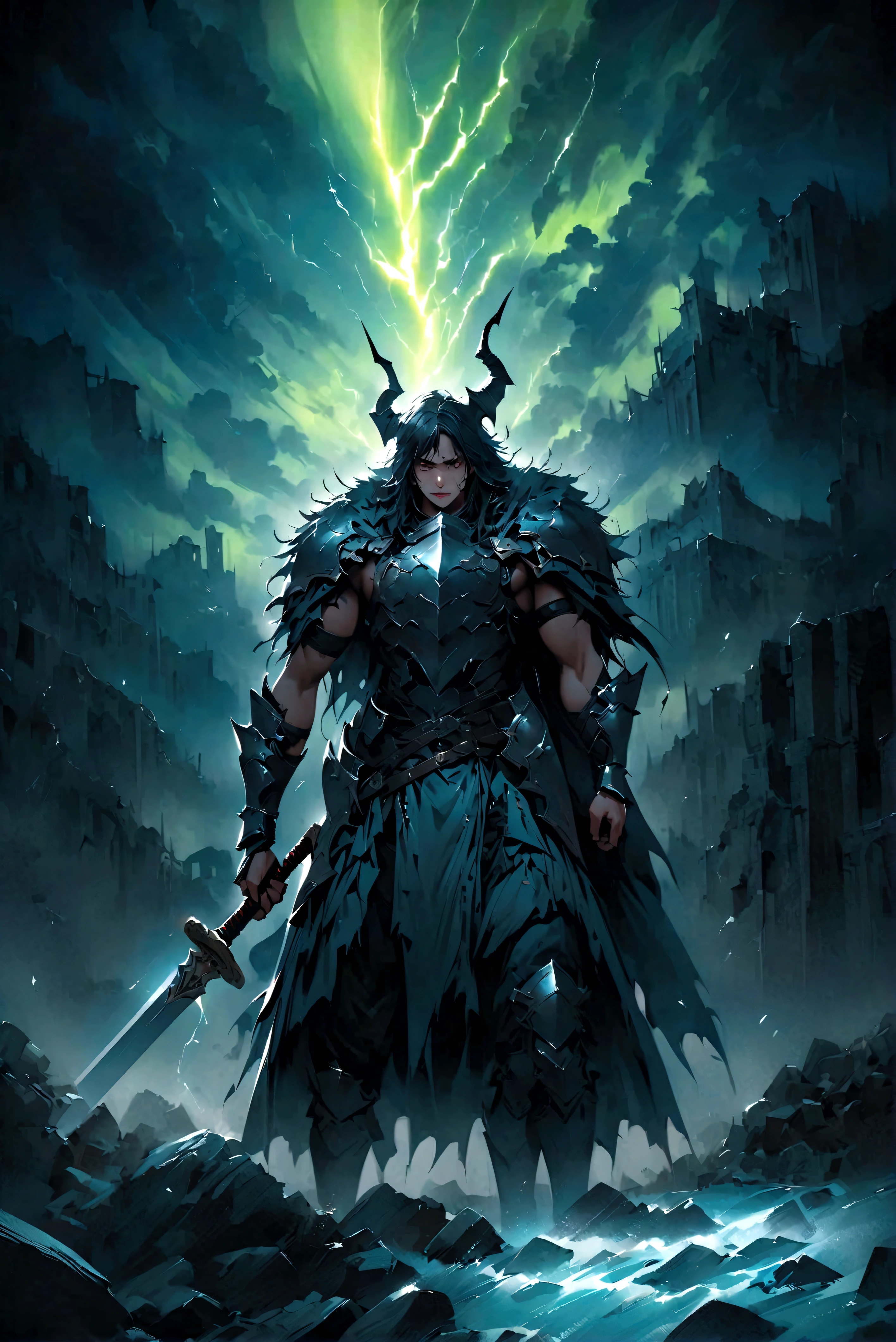 (An exhausted warrior who has swum through rivers of lightning), semi-realistic, High Resolutions, harsh colors, Detailed rendering, sharp focus, ultra detailed, Cinematic lighting, Warrior, expression of frustration, armor, fur clothing, strong body after overcome many battles, lightning in the distance next to clouds, the end announced, Northern Lights, stormy sky, ethereal shine, hands and body stained with blood, footprints spreading the dust, dynamic pose, sword, Ancient ruins.