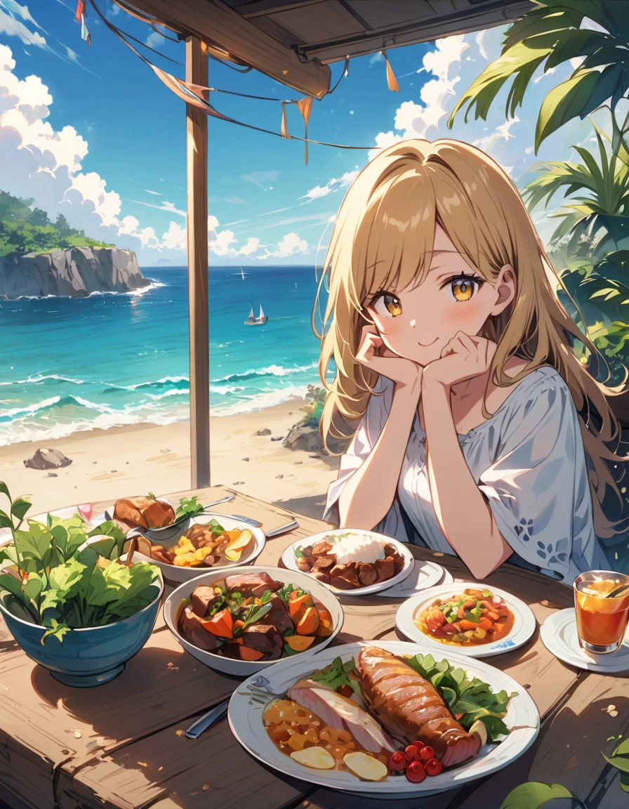 A young woman with golden hair and yellow eyes sits at the table, eating delicious food by the seaside in an anime style. The background features rocky cliffs overlooking the sea, boats floating on it, green plants, and sunlight shining through them onto her face. She is dressed in white and has a relaxed expression. On one side of her lies various dishes such as rice, vegetables, fish and meat, creating a warm atmosphere. --ar 3:4 --niji 6